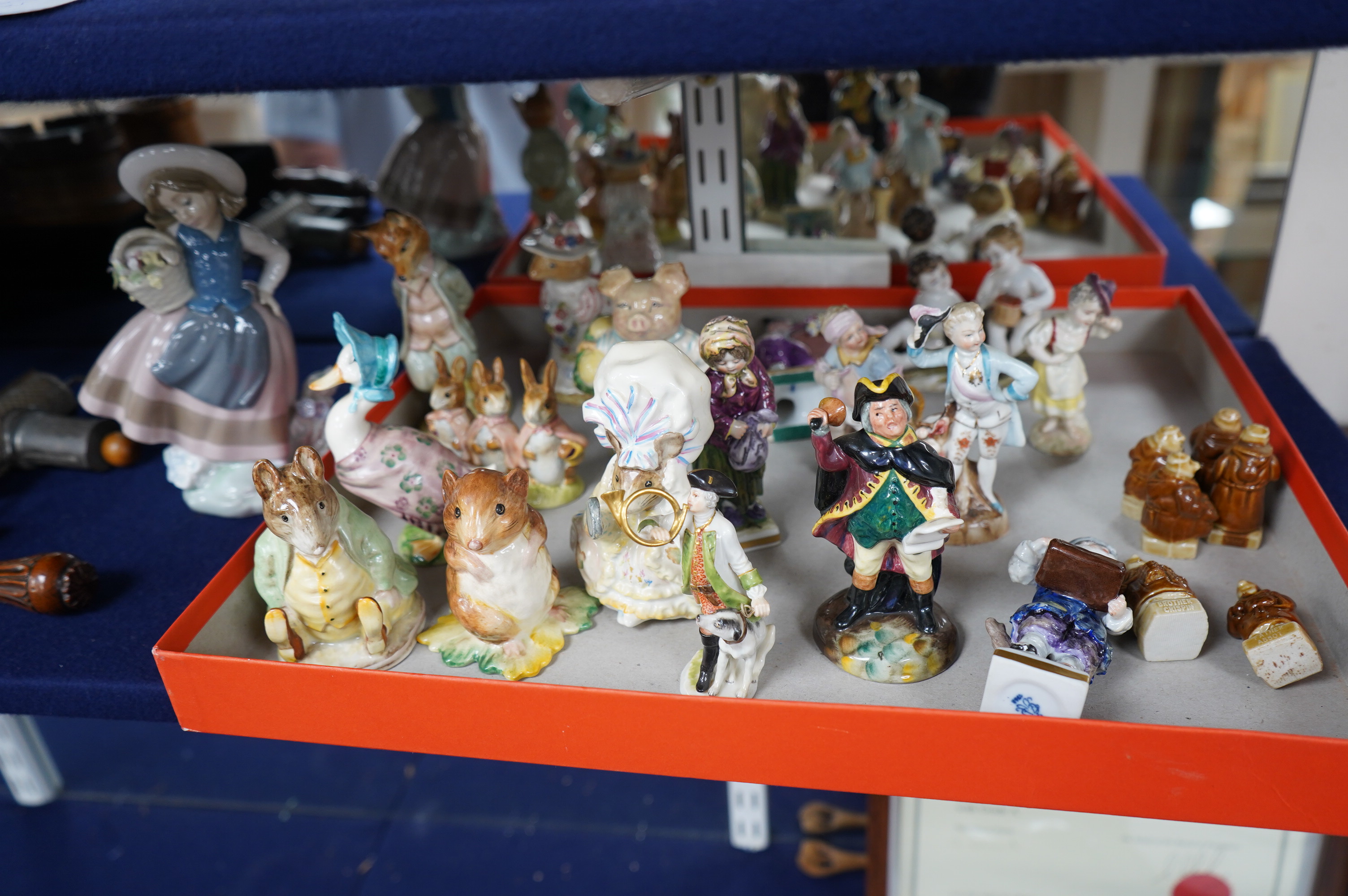 A collection of Beswick Beatrix Potter figures and other porcelain figures, including Meissen, Doulton and Lladro. Condition - mostly good